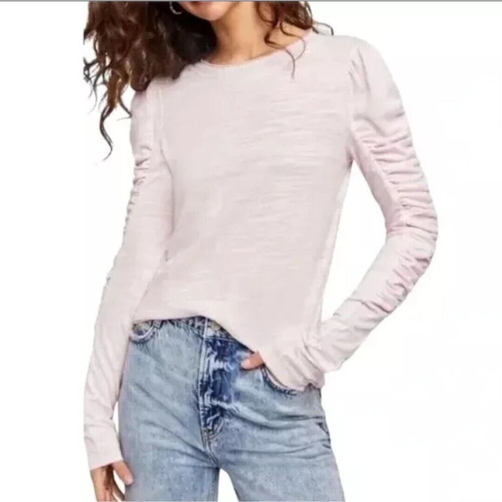 We The Free People Light Pink Shirred Ruched Natasha Long Sleeve Shirt